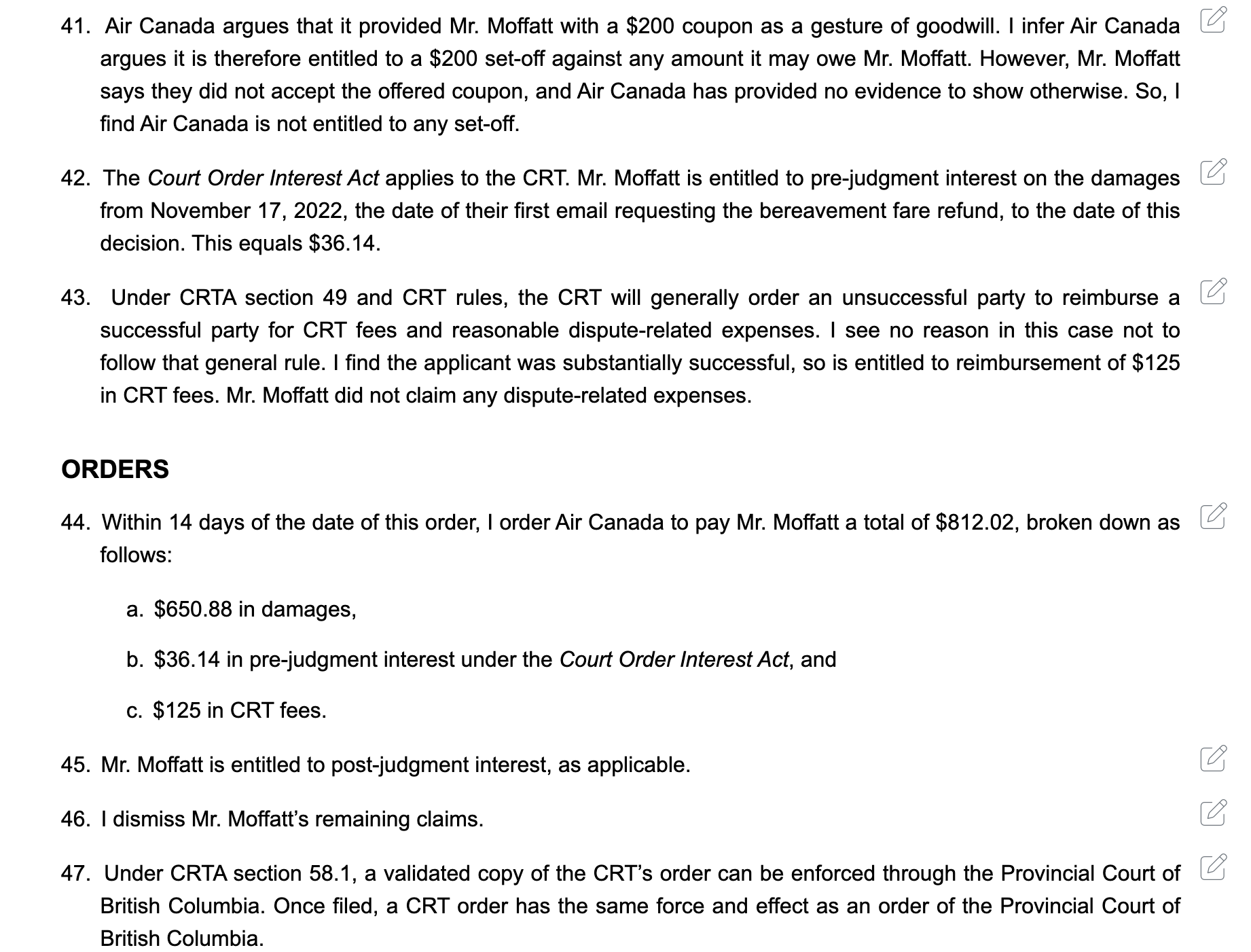 Решение трибунала по делу Moffatt v. Air Canada, 2024 BCCRT 149